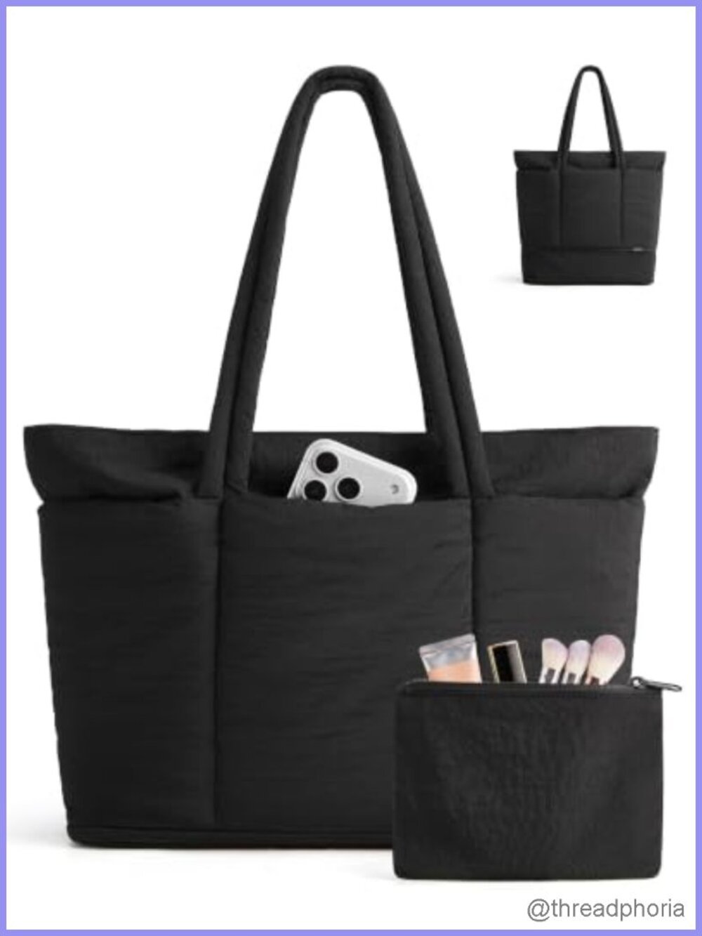 Puffer Tote Bag Expandable Teacher Handbag w/ Pouch Laptop Compartment
